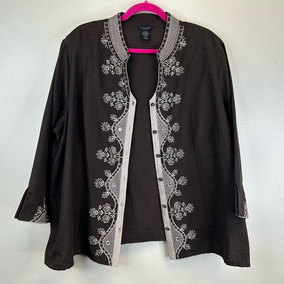 SilkLand 100% Silk 2X Brown Cream Tunic Embroidery Beading Boho Natural Elegant - Picture 5 of 13